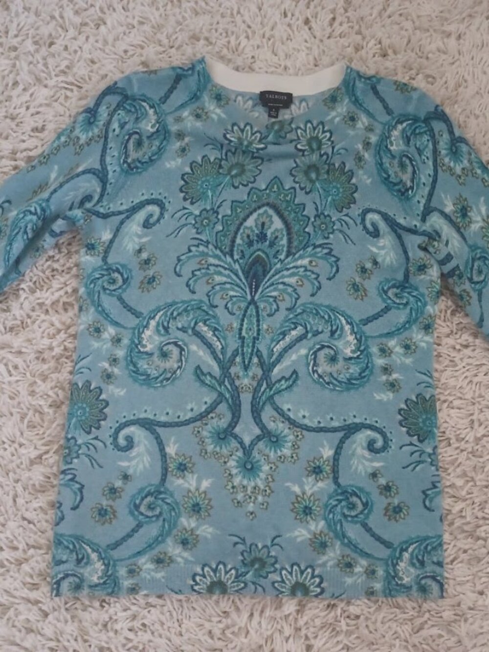 Talbots 100% Cashmere Sweater Women’s Small Blue Paisley Floral 3/4 Sleeve Soft